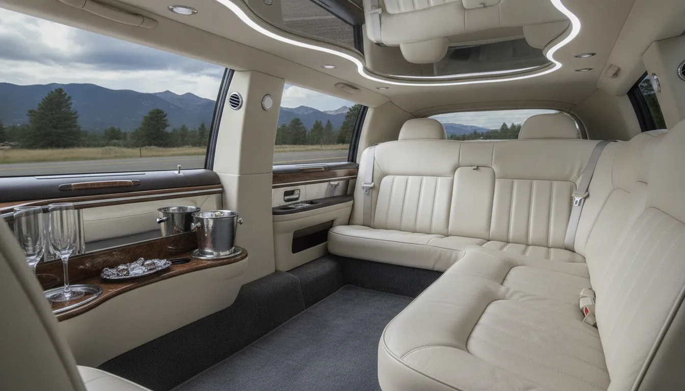 Luxury limousine interior for Westminster wedding and airport transportation planning