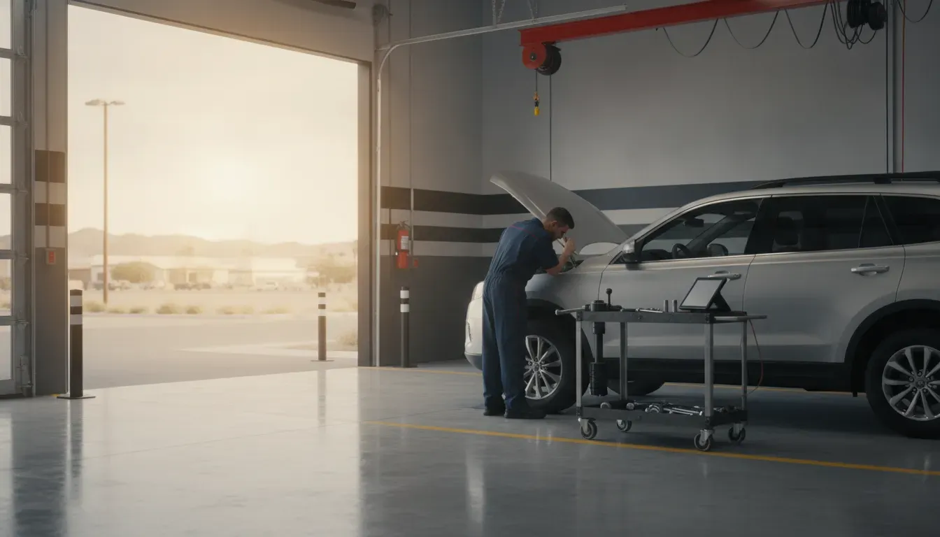 Technician inspecting an SUV in a Barstow service bay