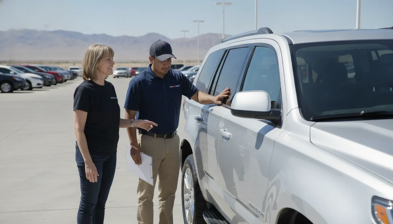 Barstow dealership specialist inspecting a vehicle for a trade-in appraisal