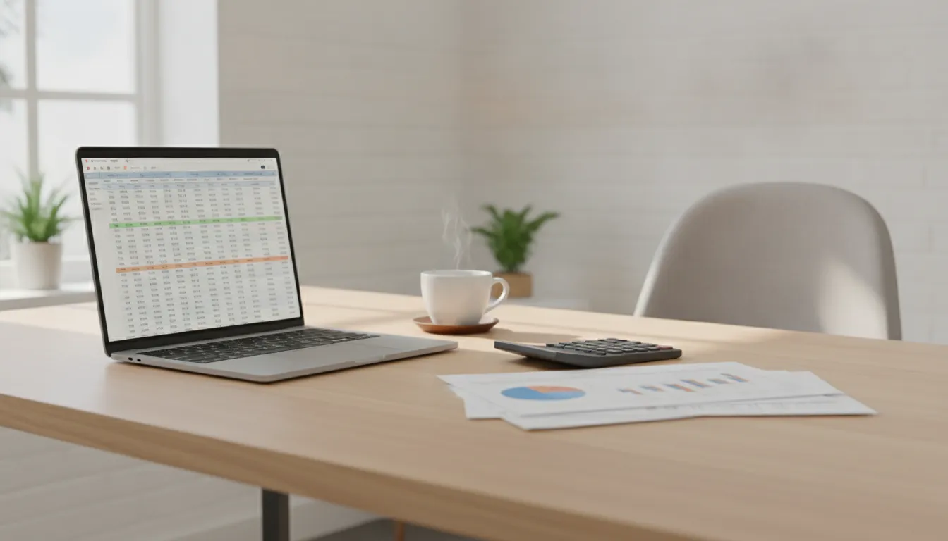 S Corp home office deduction qualifying workspace with desk, laptop, and financial documents