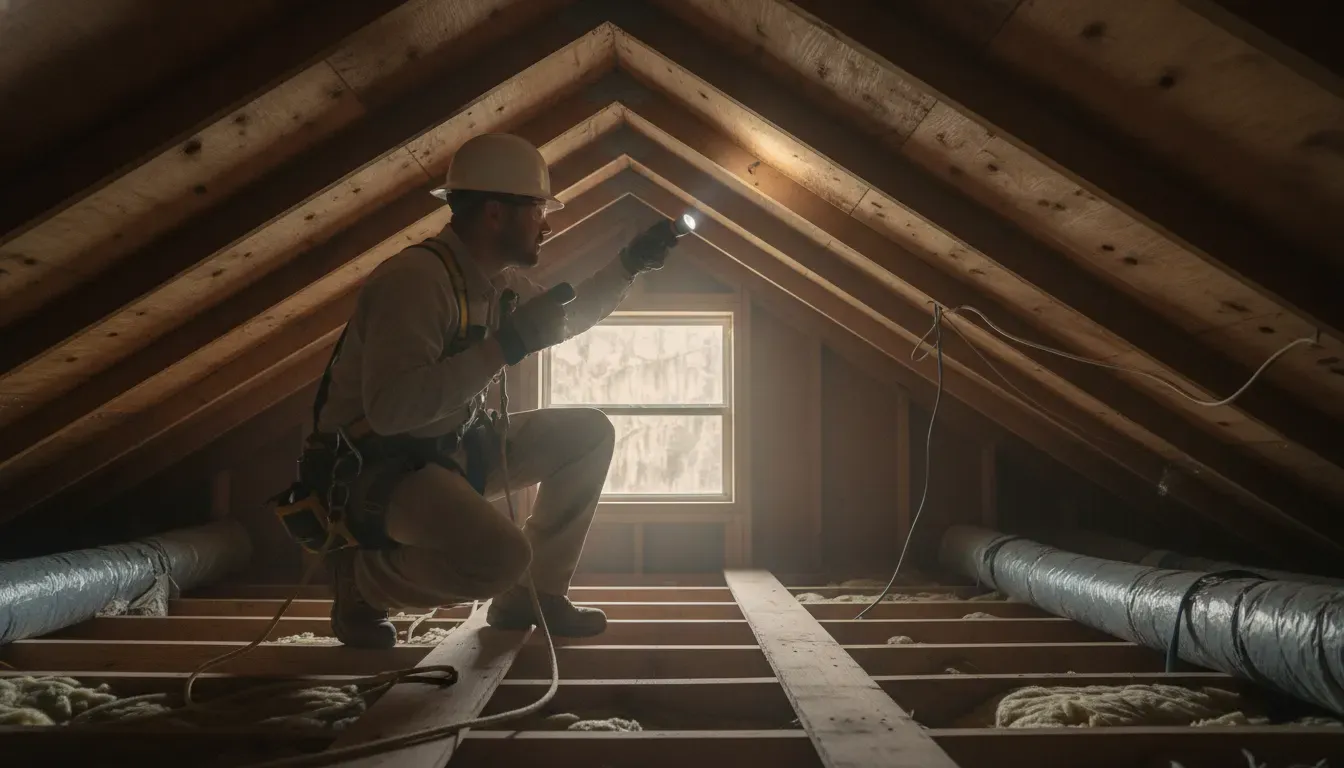 Roofing professional checking attic framing for possible Florida roof leak signs