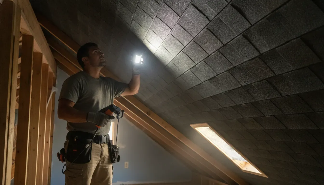 Roofing professional checking attic ventilation beneath an asphalt shingle roof