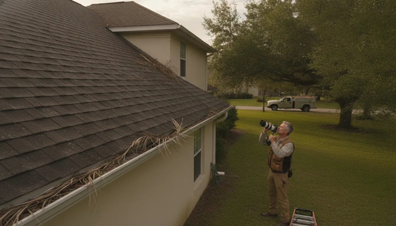 Roofing professional photographing a North Florida roof during a safe ground-based storm damage inspection