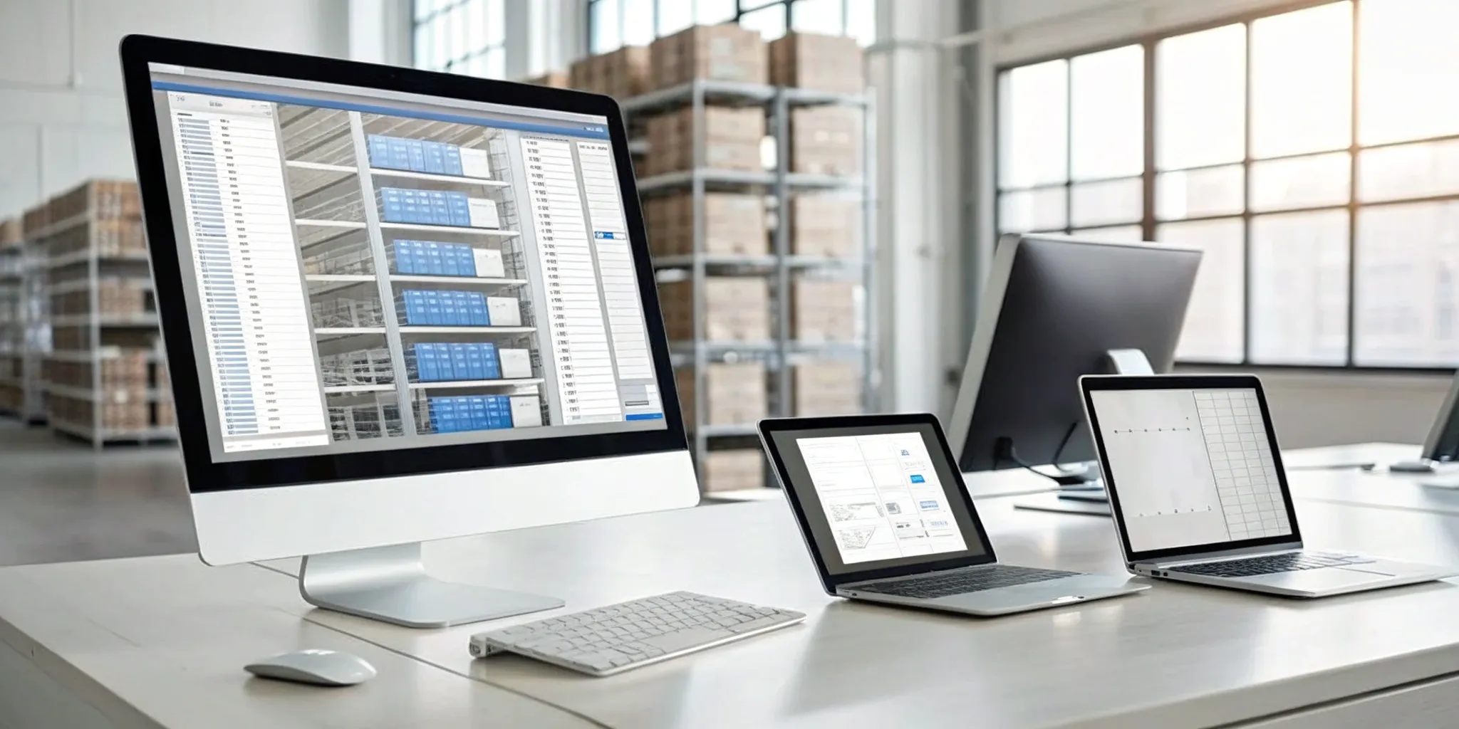 Inventory management program dashboards on computer screens in a warehouse.
