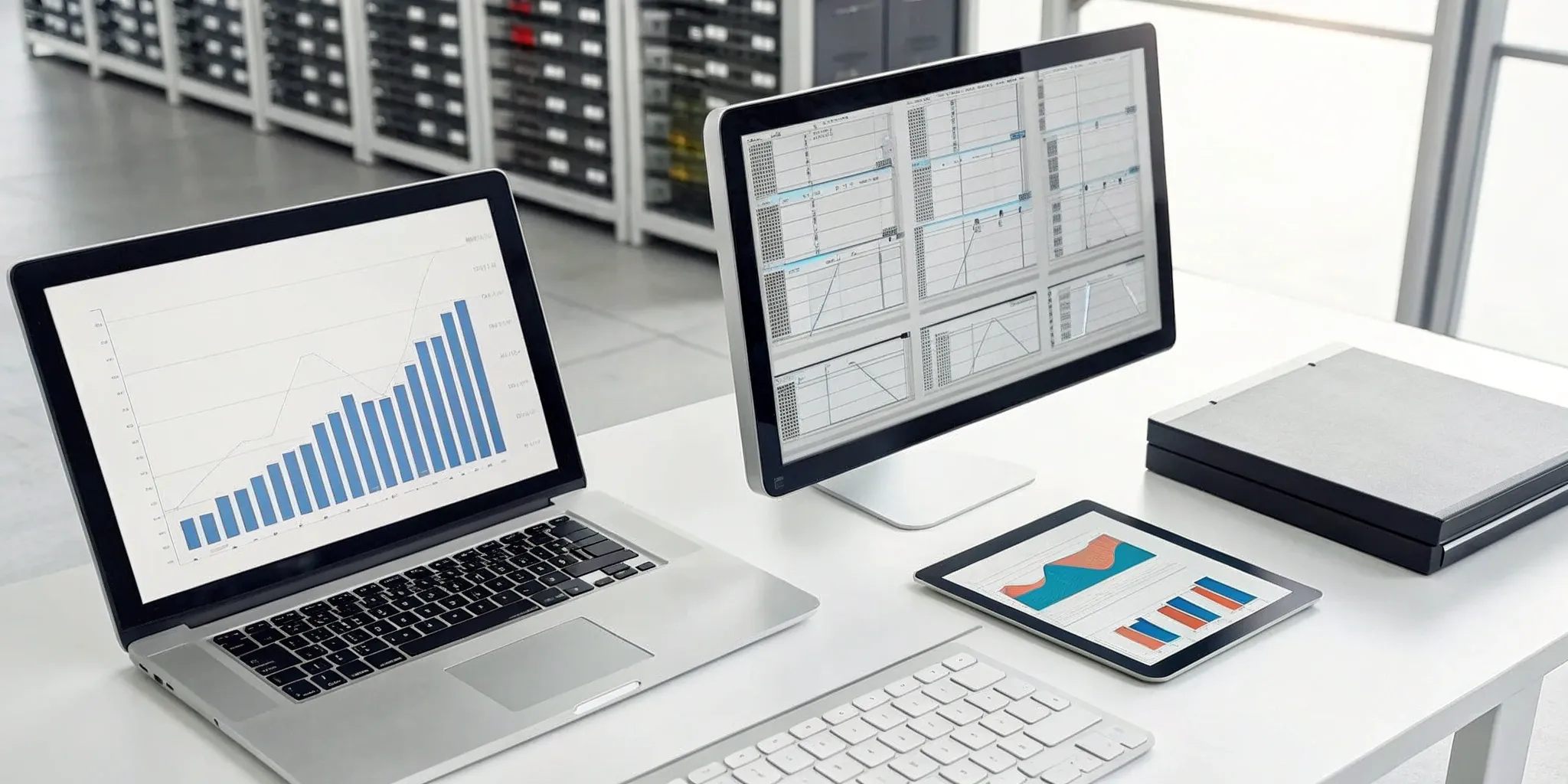 A small business inventory management system dashboard with analytics on a laptop and monitor.