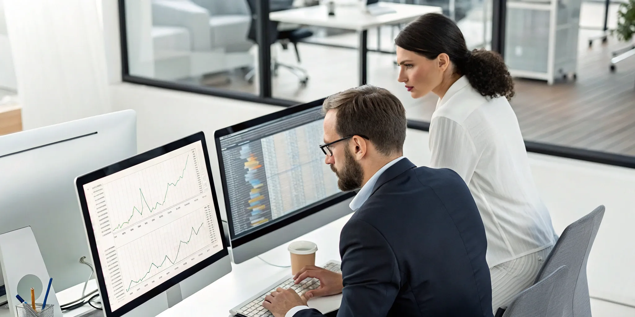 Professionals comparing different inventory management solutions on a computer.