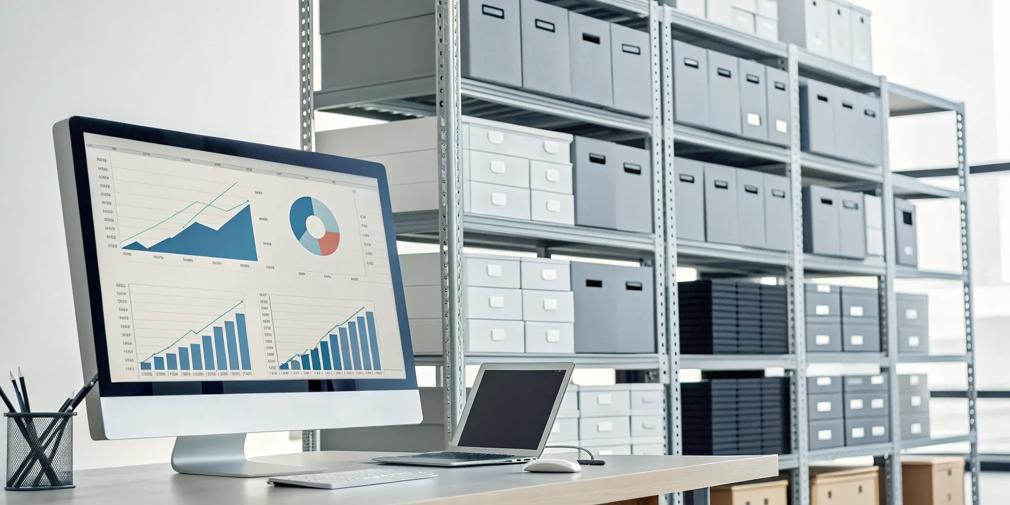 Inventory management system dashboard on a computer screen in a warehouse with organized stock.