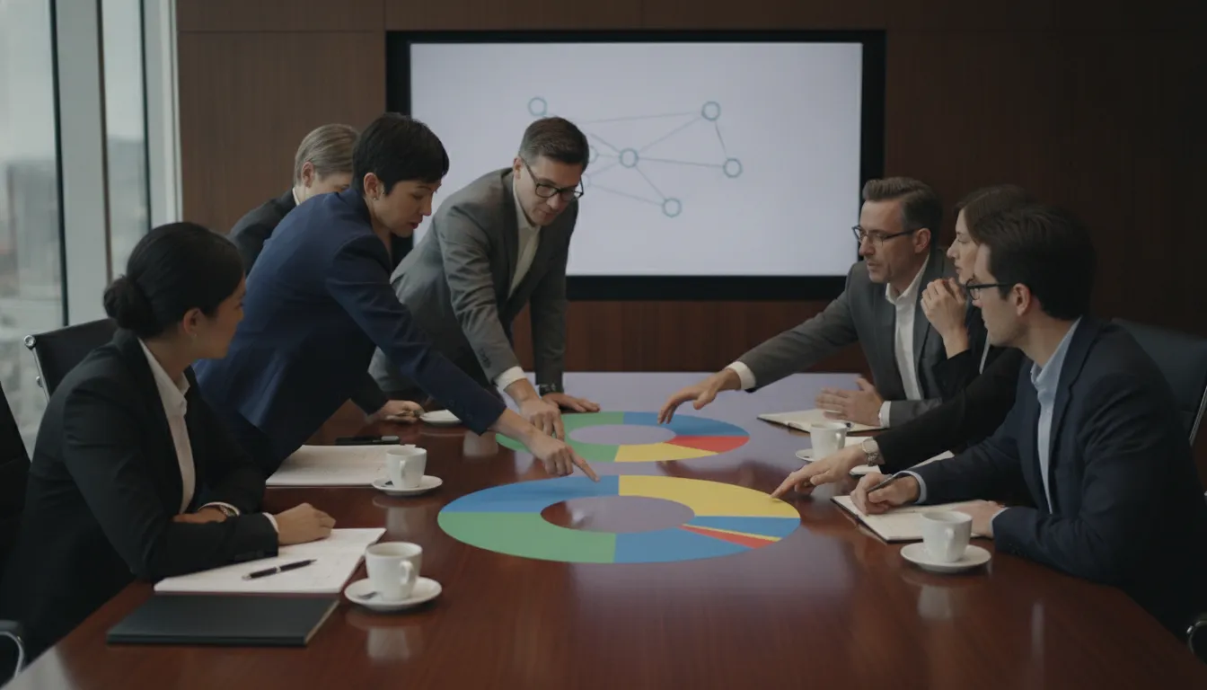 Institutional investment committee reviewing portfolio allocation charts in a professional boardroom