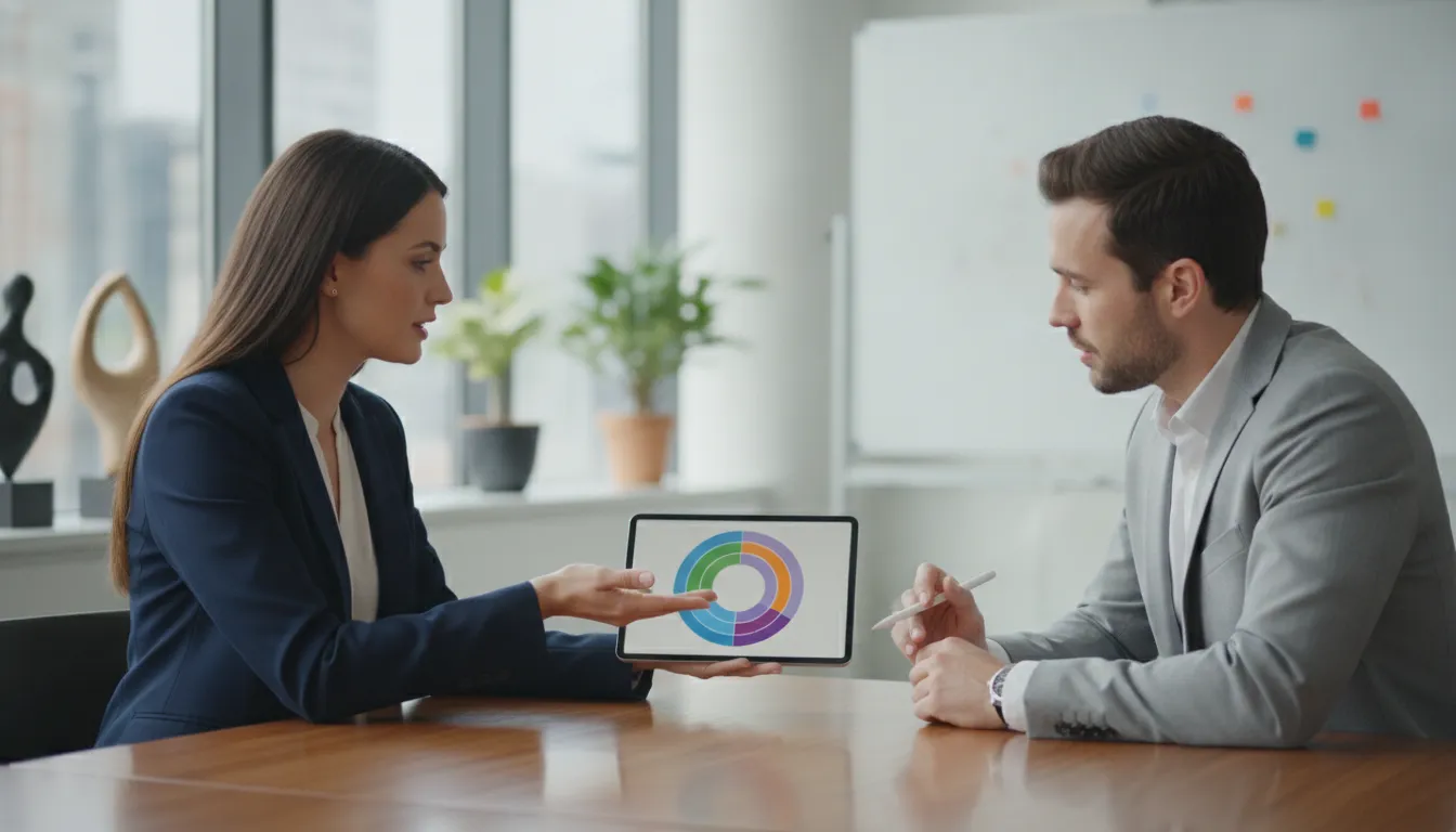 Financial professional explaining investment allocation bands to clients using a tablet