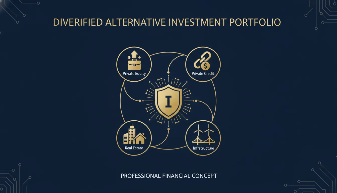 Institutional alternative investment framework showing private equity, private credit, real estate, and infrastructure as core components of a high-net-worth portfolio