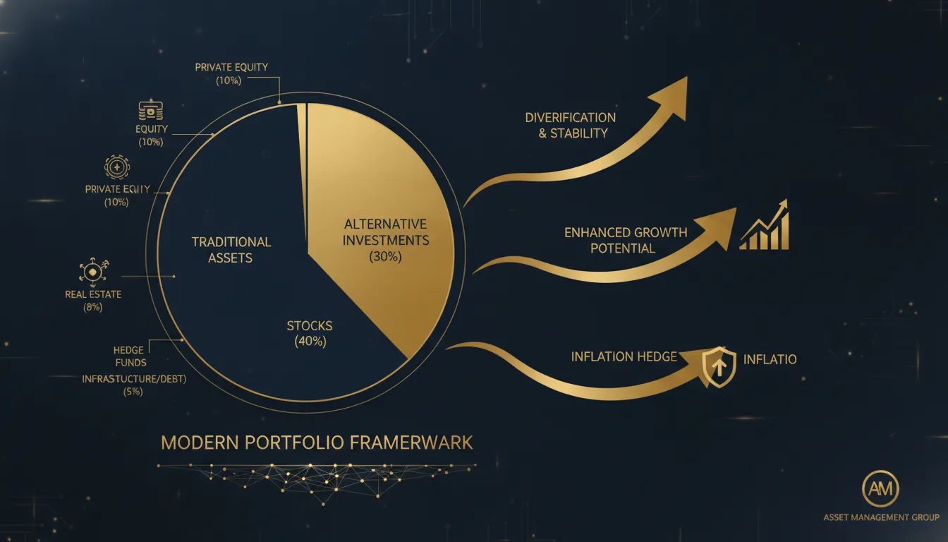 Portfolio allocation framework diagram showing the role of alternative investments alongside traditional stocks and bonds in a high-net-worth portfolio