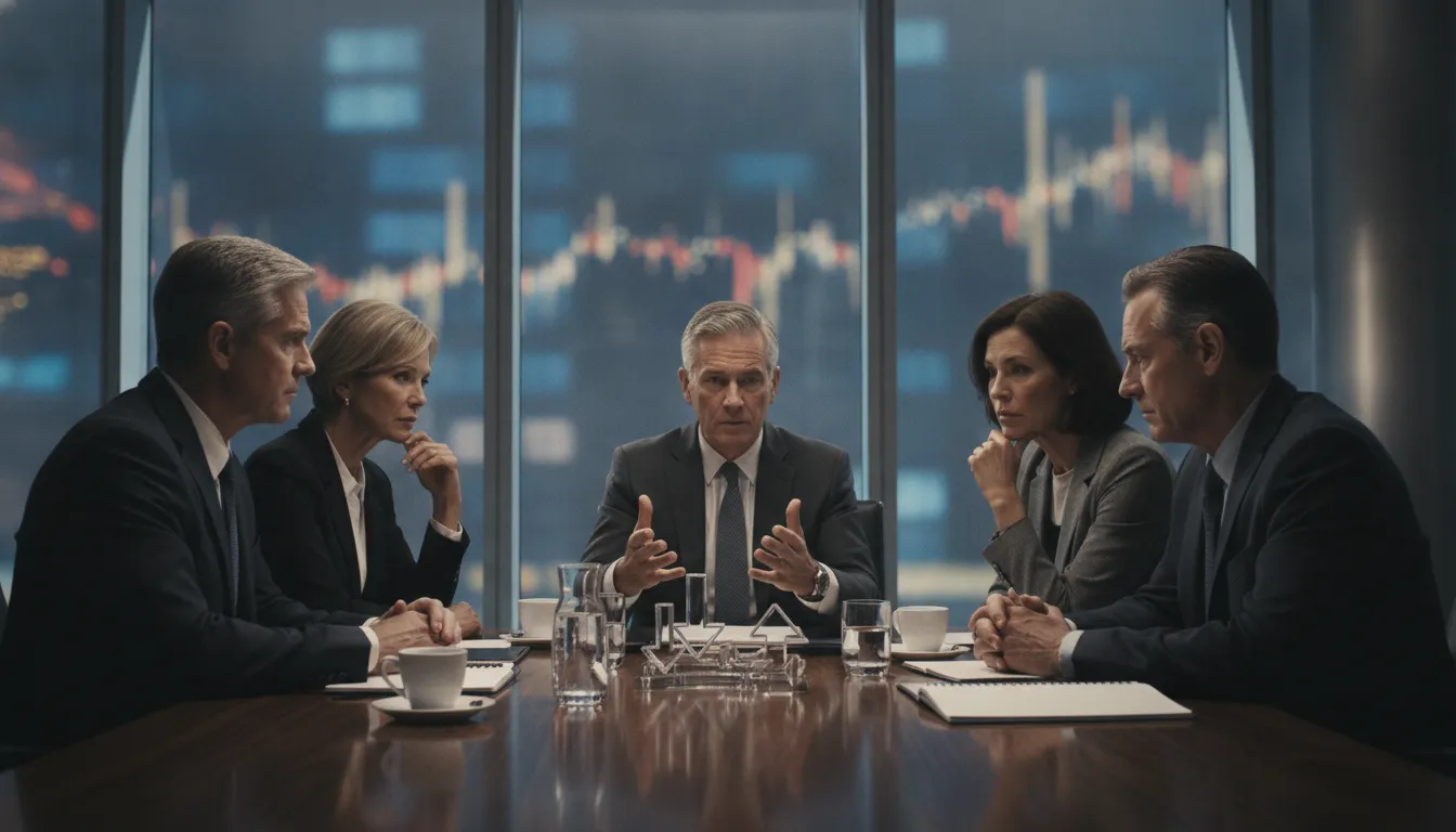 Investment professionals discussing portfolio risk scenarios