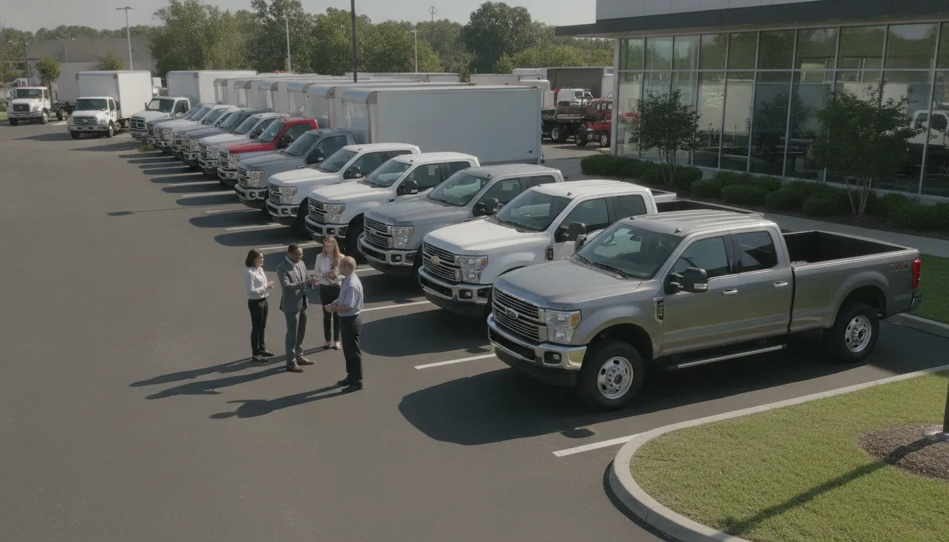 Used trucks for sale lined up at a dealership as customers compare work-truck options.