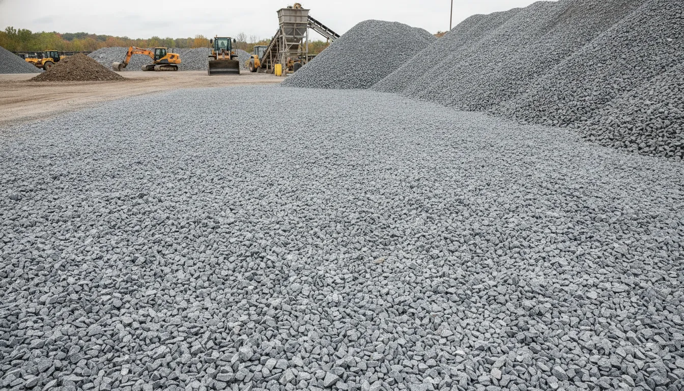 Angular crushed stone spread in a supply yard