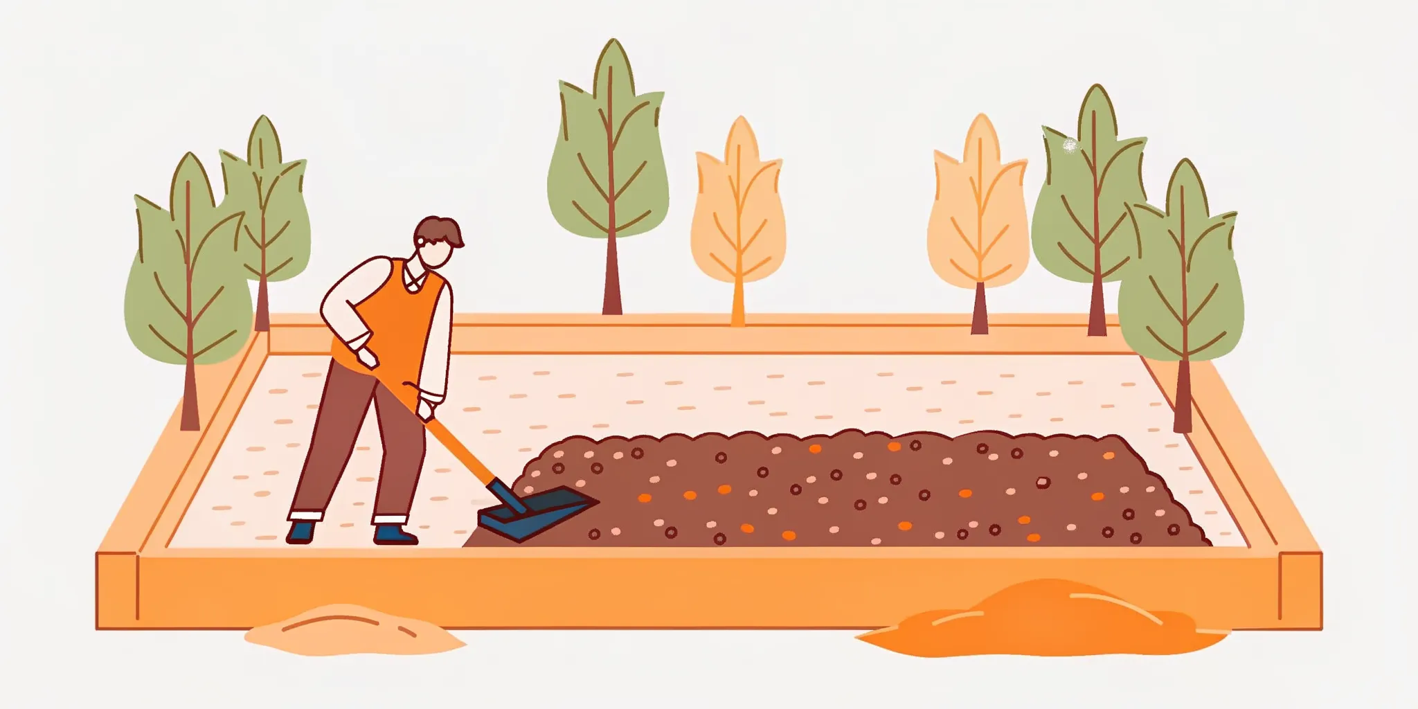 Worker spreading a neat layer of brown bark mulch on a tidy residential planting bed