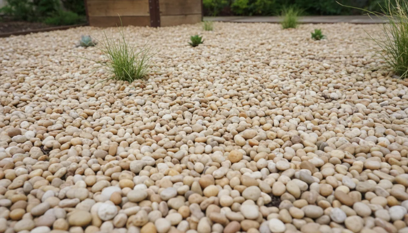 Smooth pea gravel in a landscaped garden bed