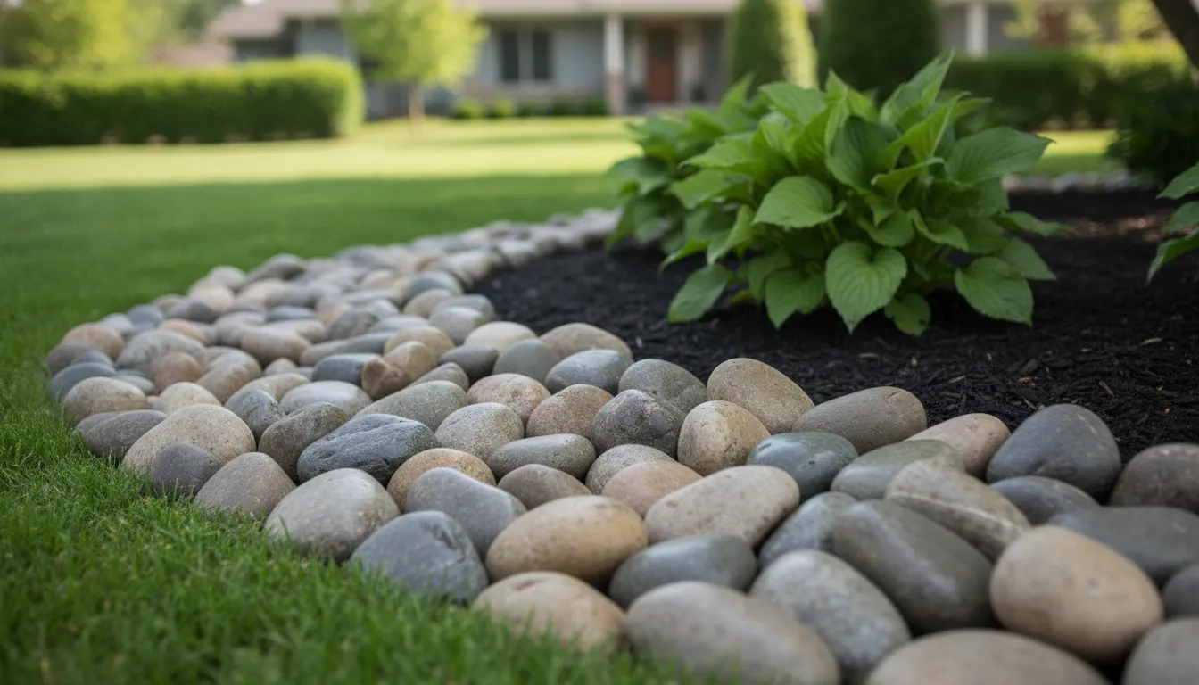 Rounded river rock edging a landscaped border