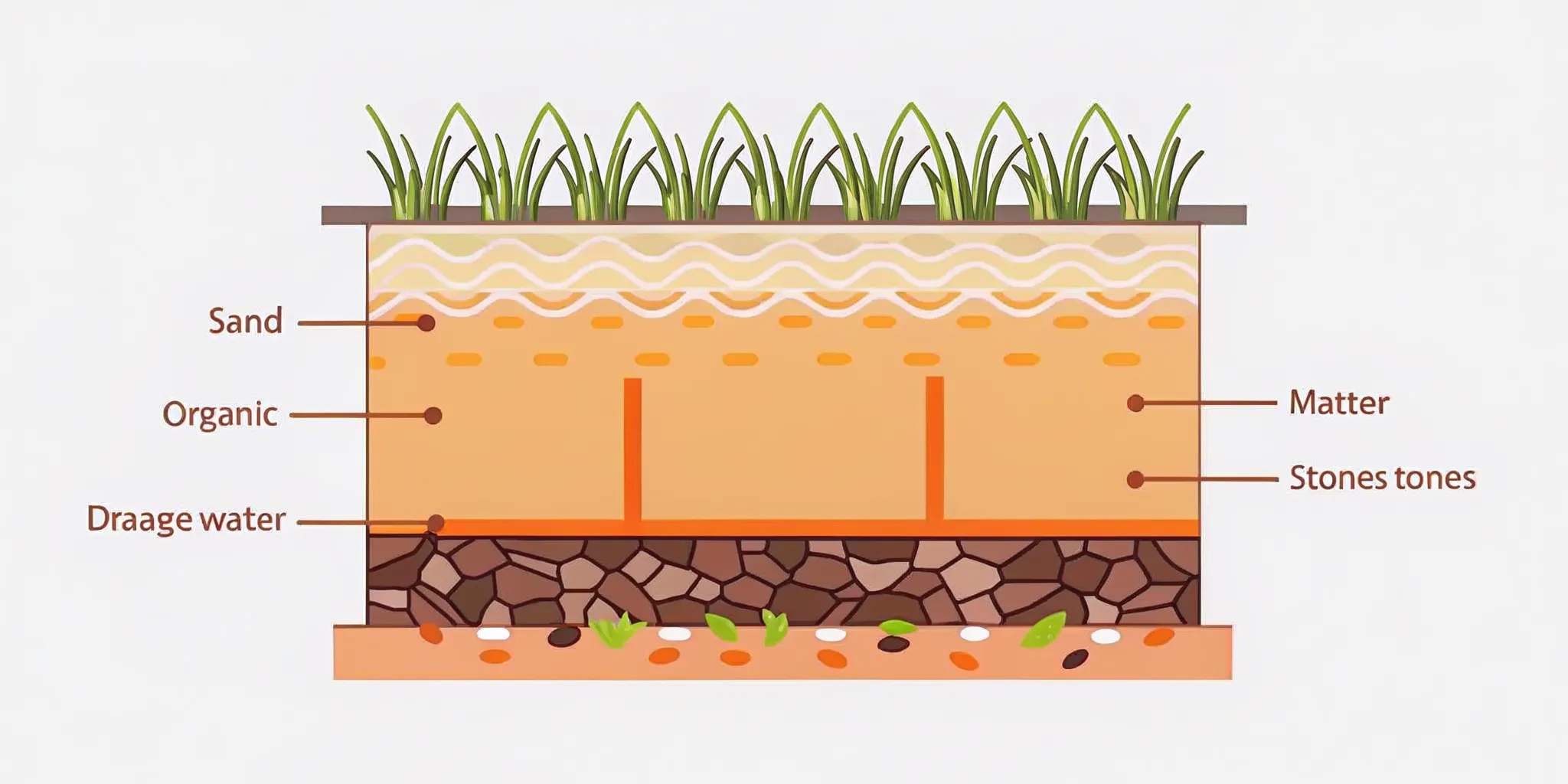 Cross-section diagram of engineered bioretention soil media with sand, compost, and drainage stone layers