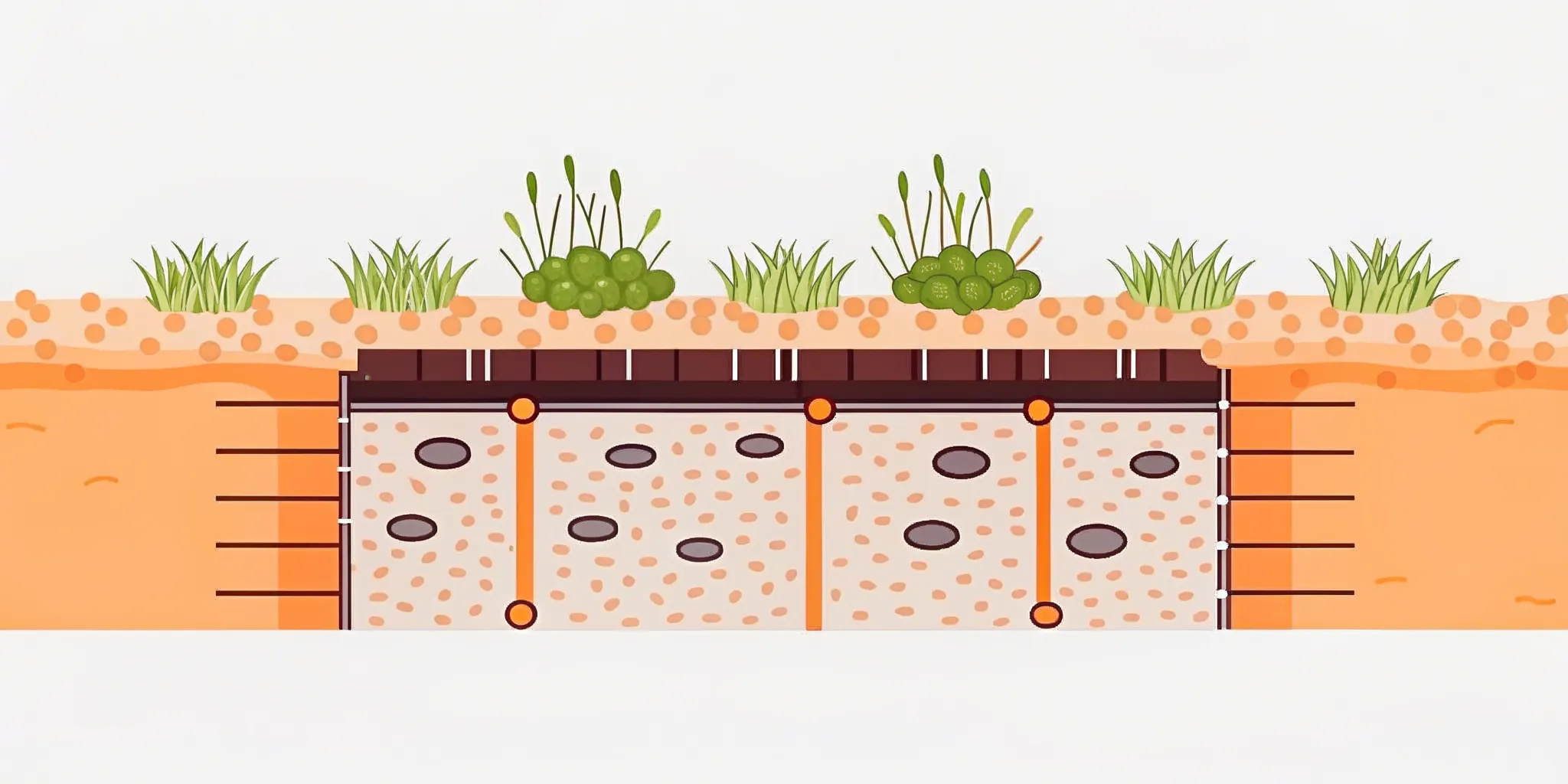 Bioretention soil installation with planted basin and drainage layer