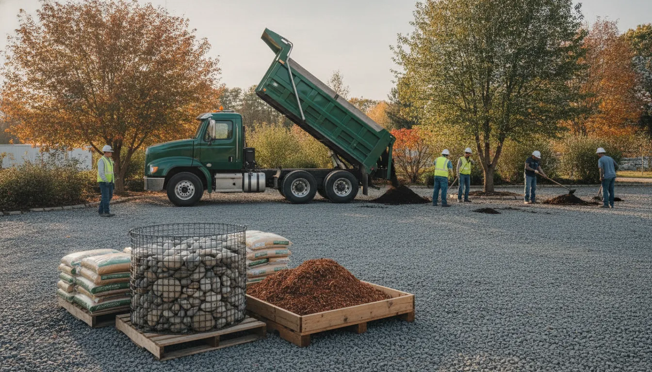 Contractors warehouse delivery planning at a tidy commercial landscape project