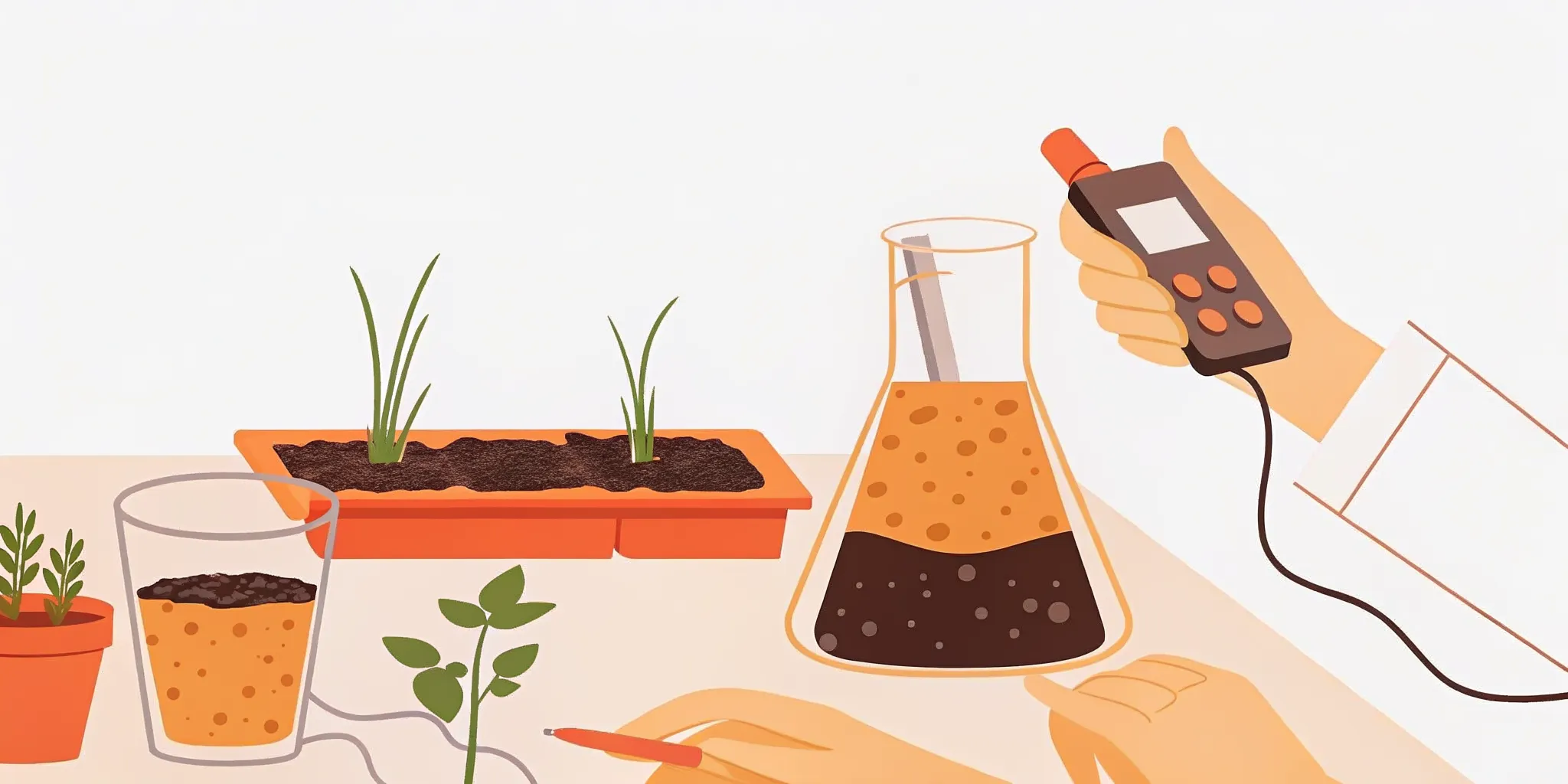 Laboratory technician testing topsoil organic matter content with beaker and pH meter