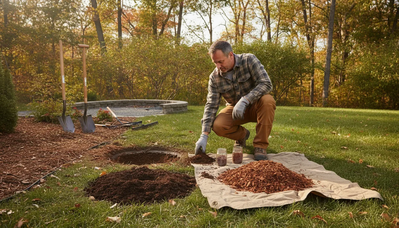 Contractors warehouse material quality review with neat soil and mulch samples