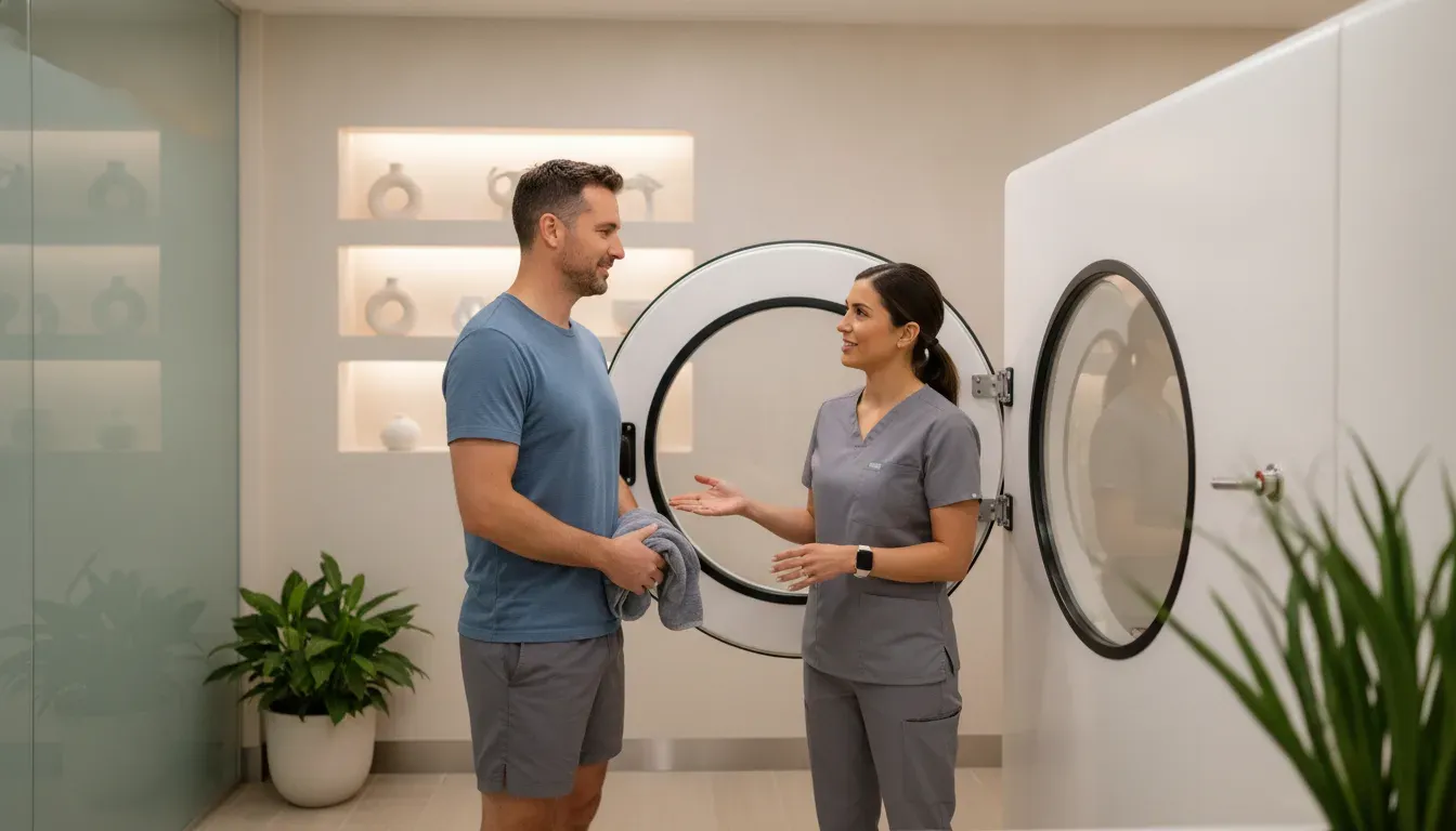 Professional explaining hyperbaric oxygen therapy preparation beside a private chamber