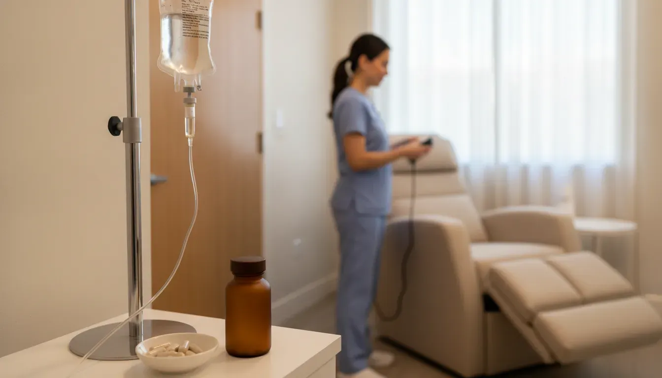 NAD+ supplement capsules beside an IV drip in a wellness setting