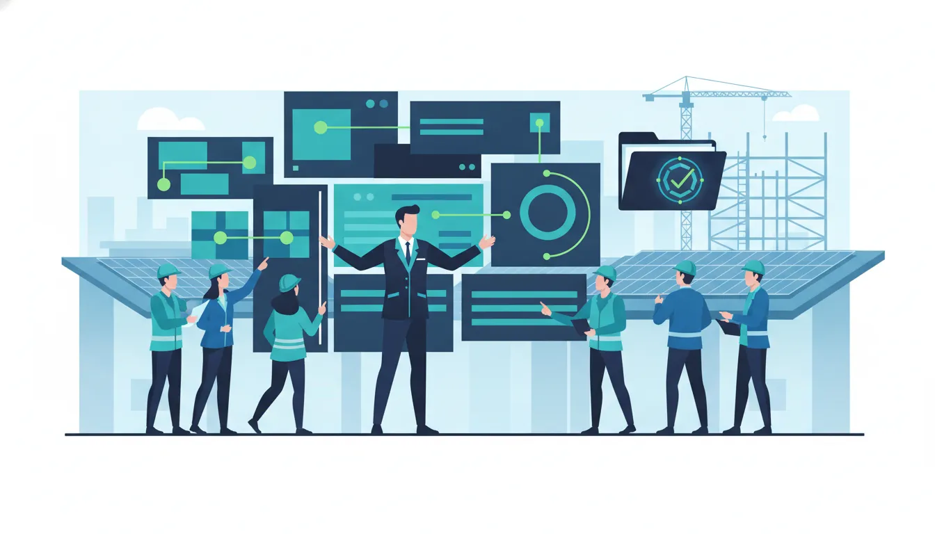 ProScore-style illustration of project teams coordinating multi-contractor payroll reviews