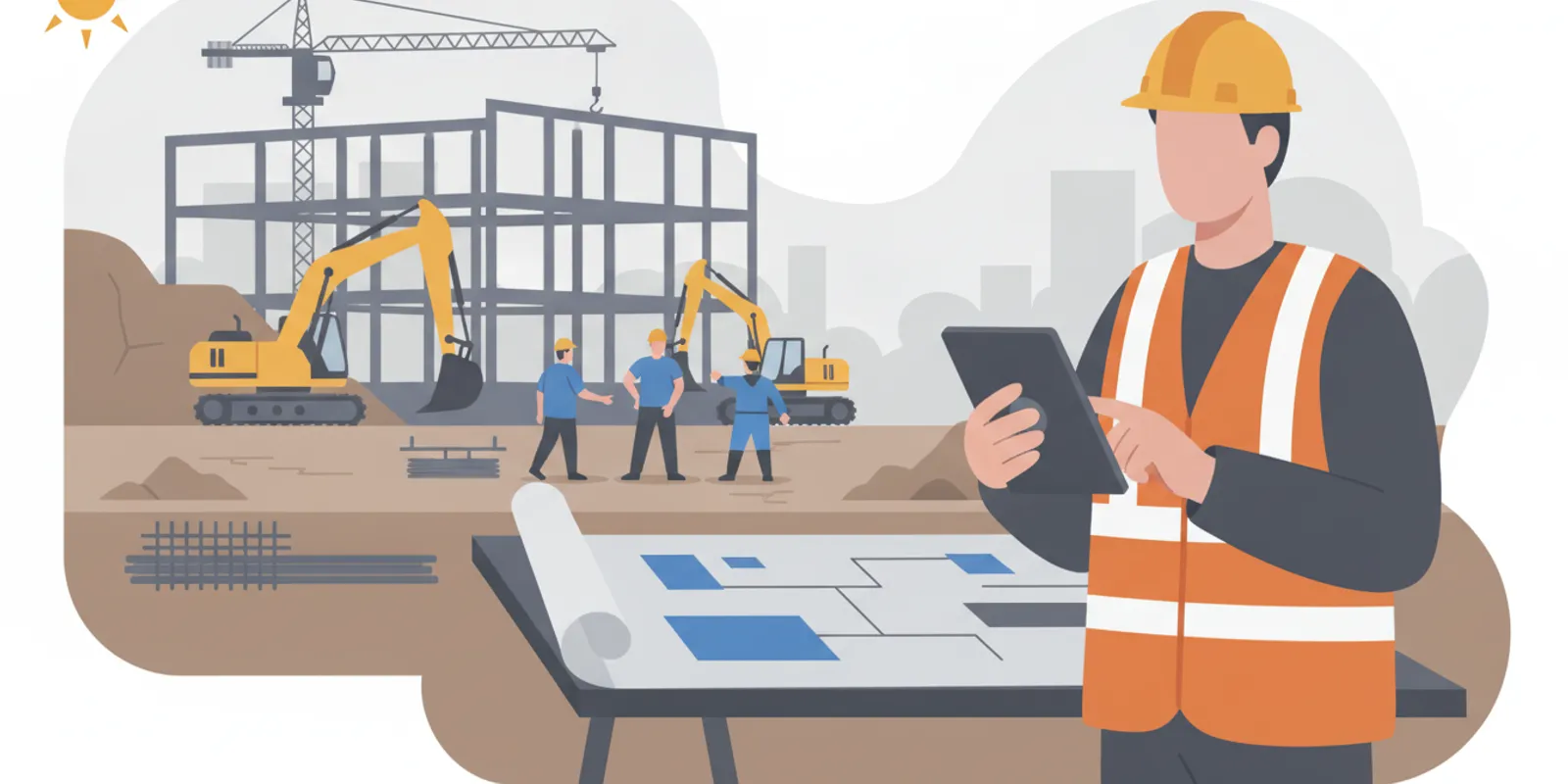 Construction compliance manager reviews labor and payroll records on a tablet at a daylight job site