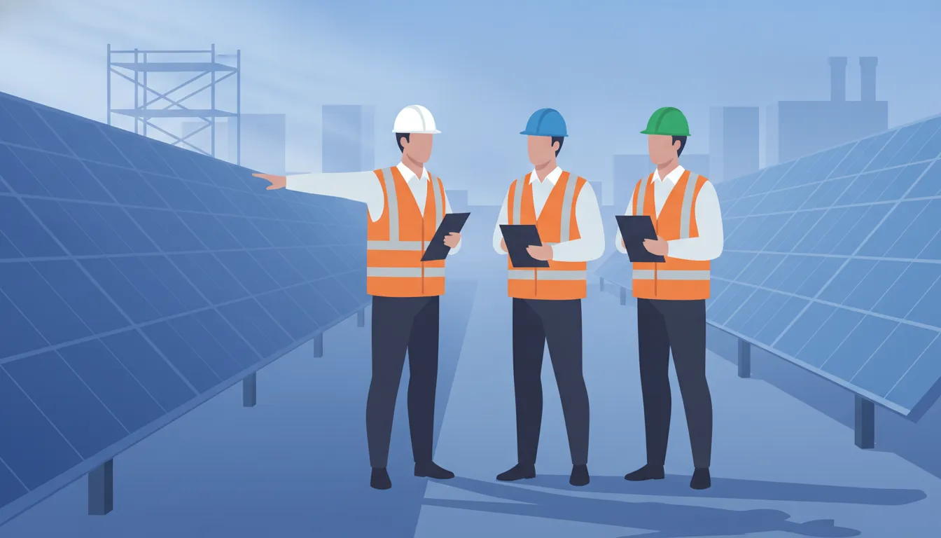 Construction compliance manager and project superintendents reviewing workforce data on a renewable energy installation site