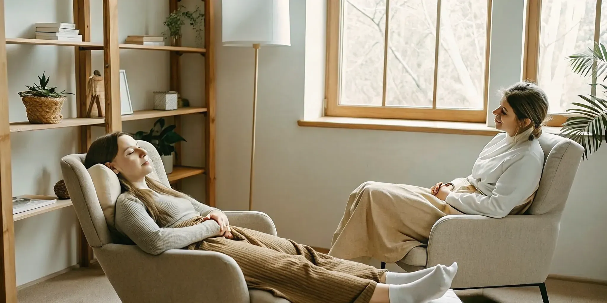 Therapist and client engaged in a calm therapy session in a warm, naturally lit office