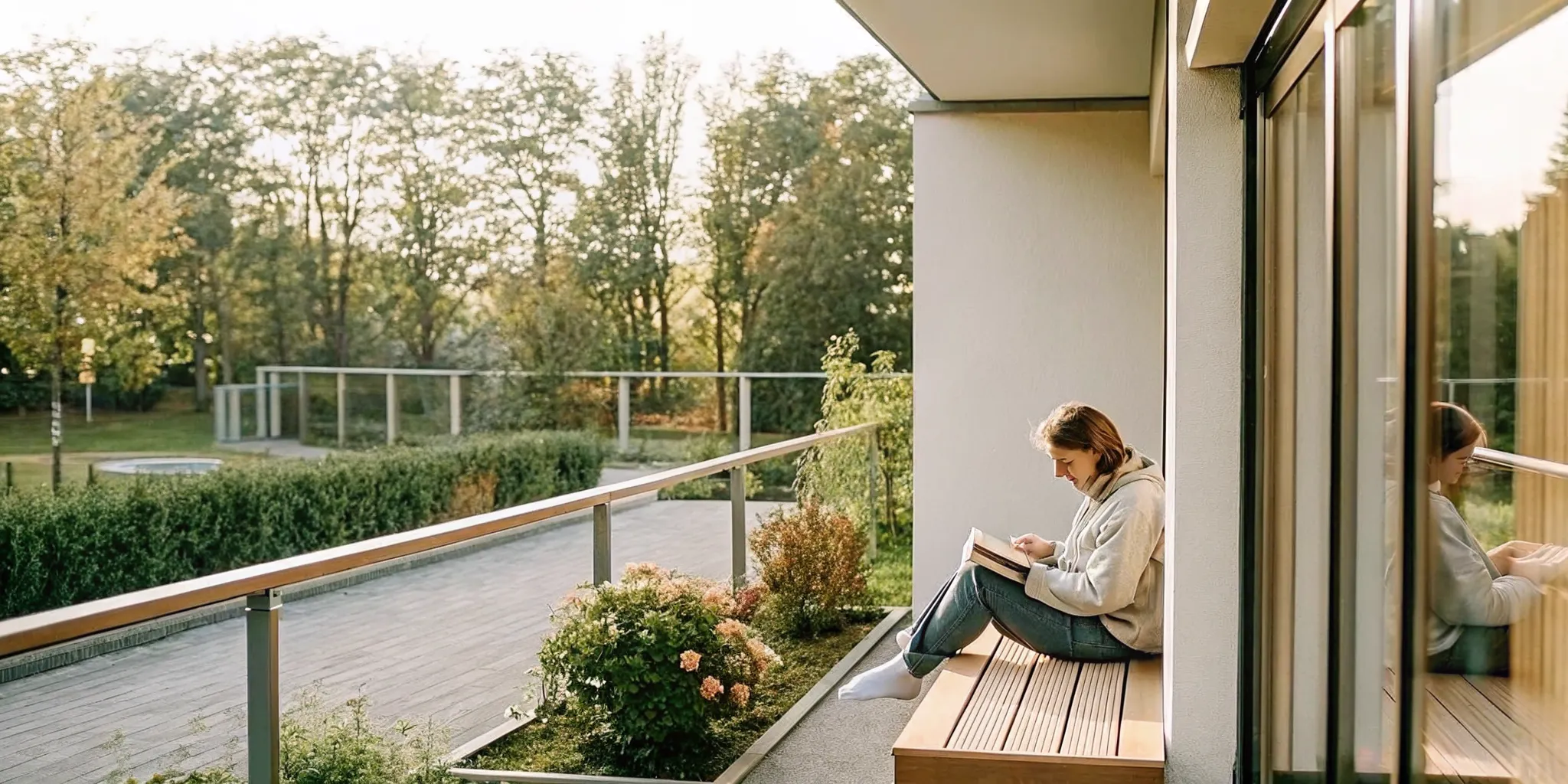 Young adult sitting outside on a bench in a peaceful garden at a treatment center reading a book during recovery