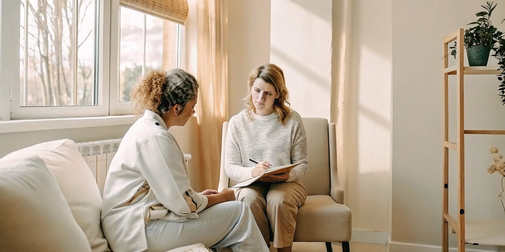 A clinician and patient discussing anxiety and addiction treatment Massachusetts care options