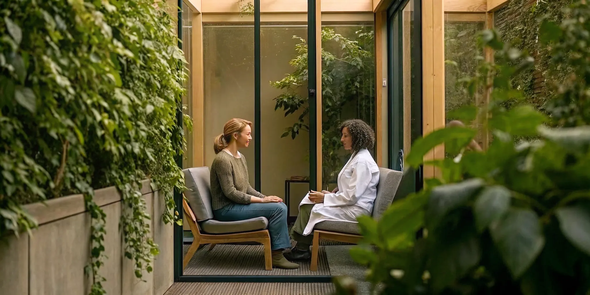 Private medical consultation room with natural light and modern furnishings conveying a confidential healthcare setting