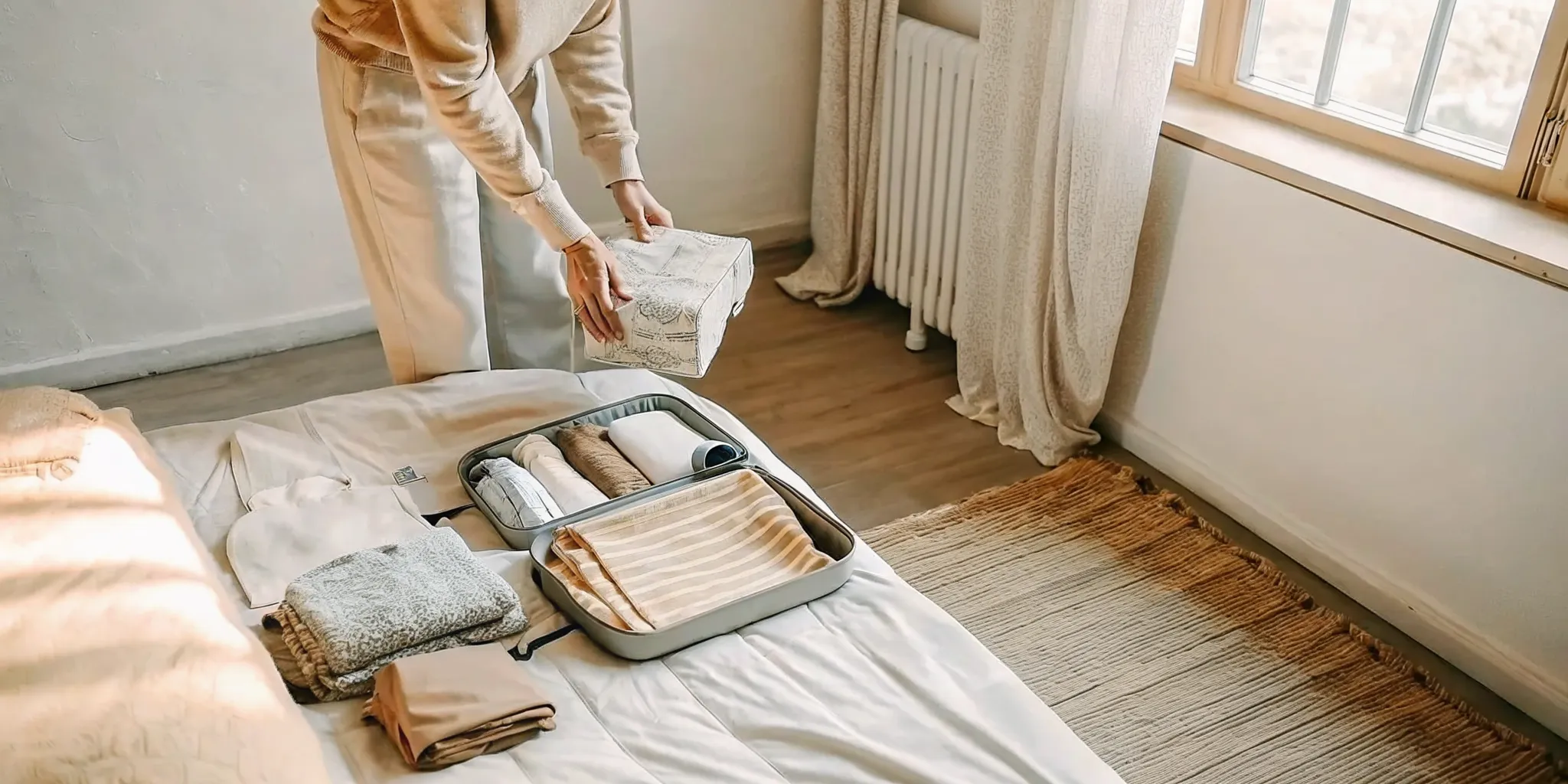 Person organizing comfortable clothing and essentials to pack for rehab in Boston