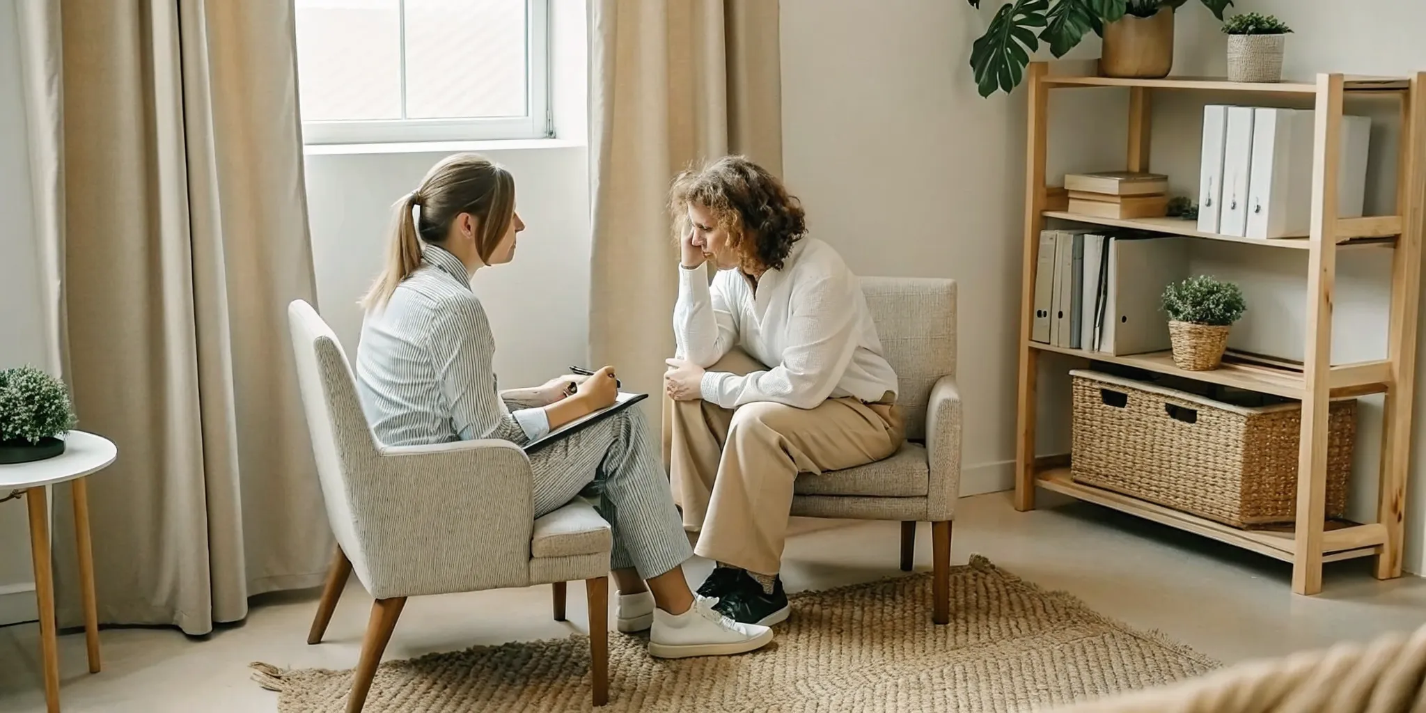 Counselor and professional discussing ongoing recovery support