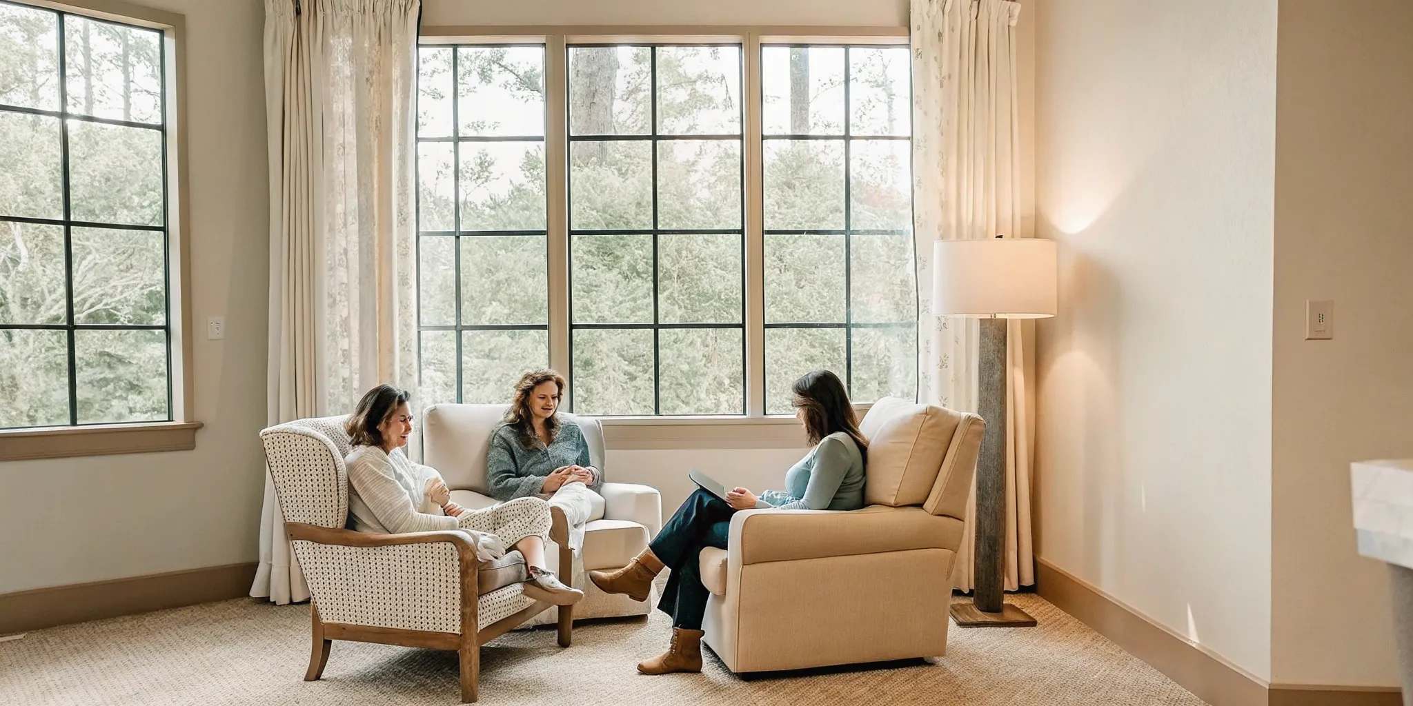 Therapy session in a modern addiction treatment center with comfortable seating and natural light