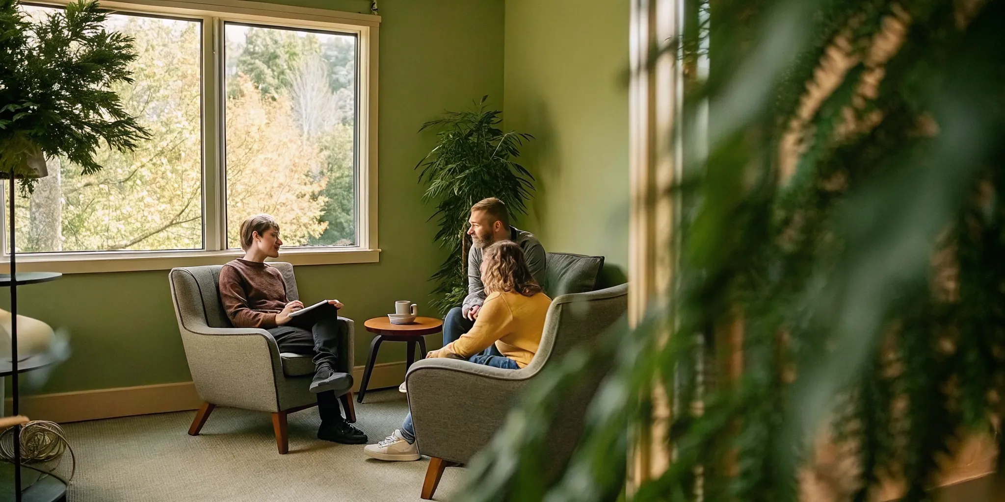 Young adults talking with a counselor in a bright modern therapy office with warm natural lighting