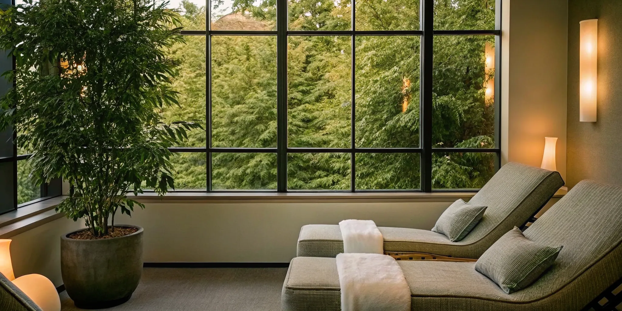 A luxurious wellness lounge with comfortable seating and calm lighting