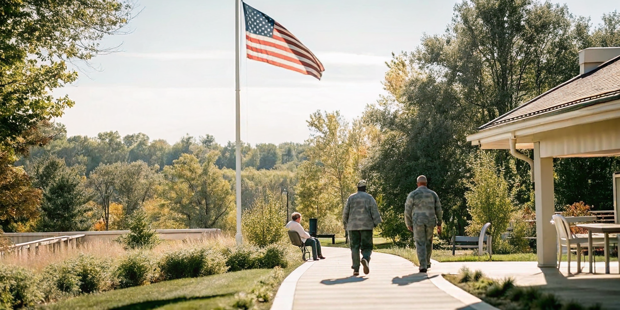 American flag and peaceful healing landscape for veterans recovery journey