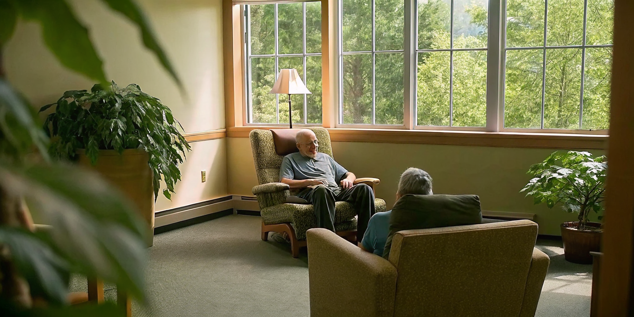 Veteran in therapy session at addiction treatment center peaceful professional setting