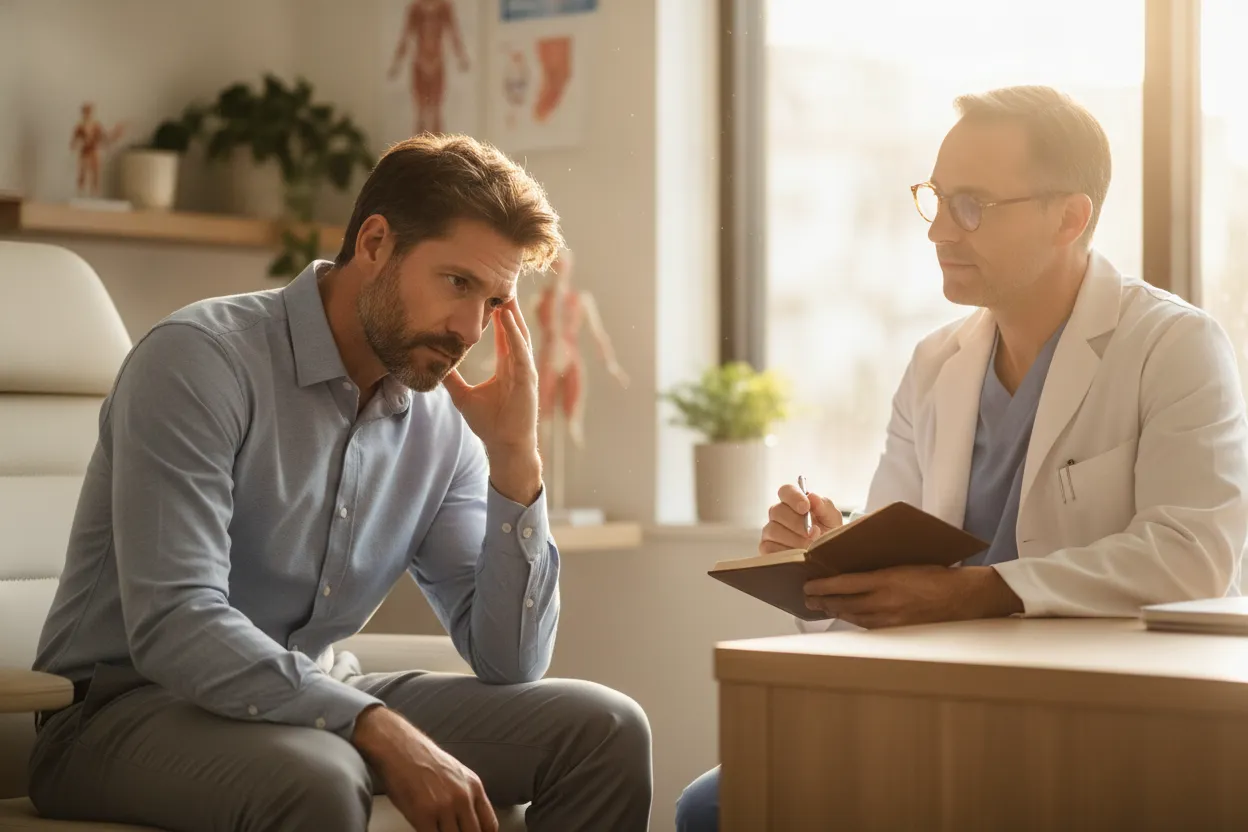 A man discussing lingering head injury symptoms with a physician during a California follow-up medical evaluation