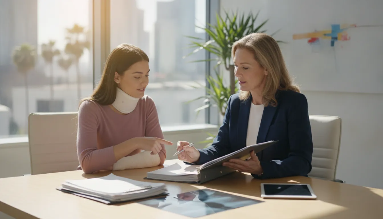 Personal injury lawyer reviewing medical records with a car accident client in California