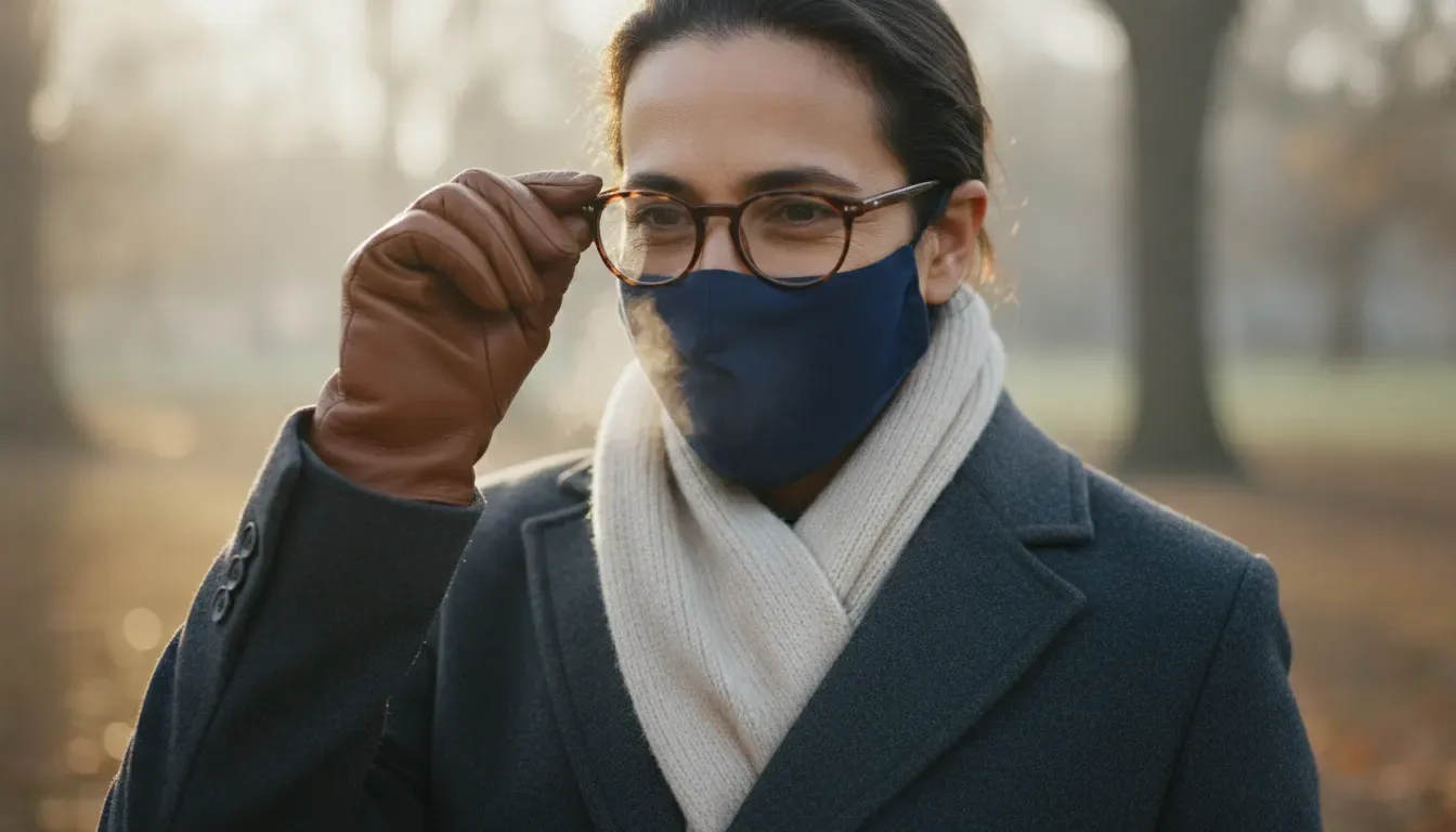 Person adjusting glasses above a mask to reduce fogging