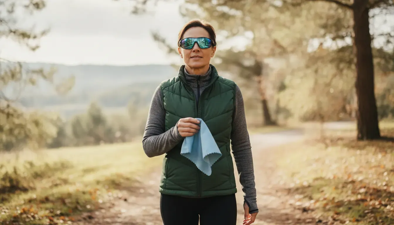 Active adult holding a lens cloth while wearing performance eyewear outdoors