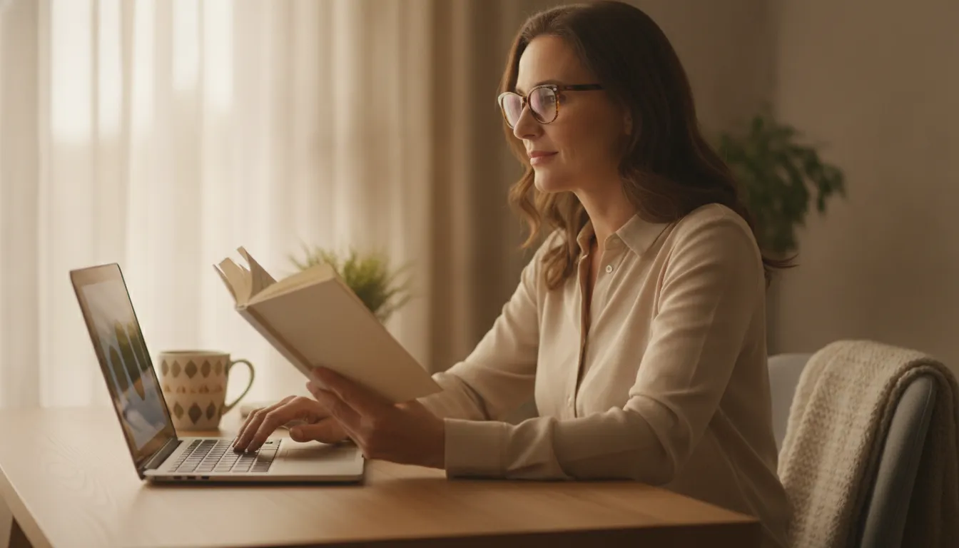Woman comparing reader frames beside a book and phone