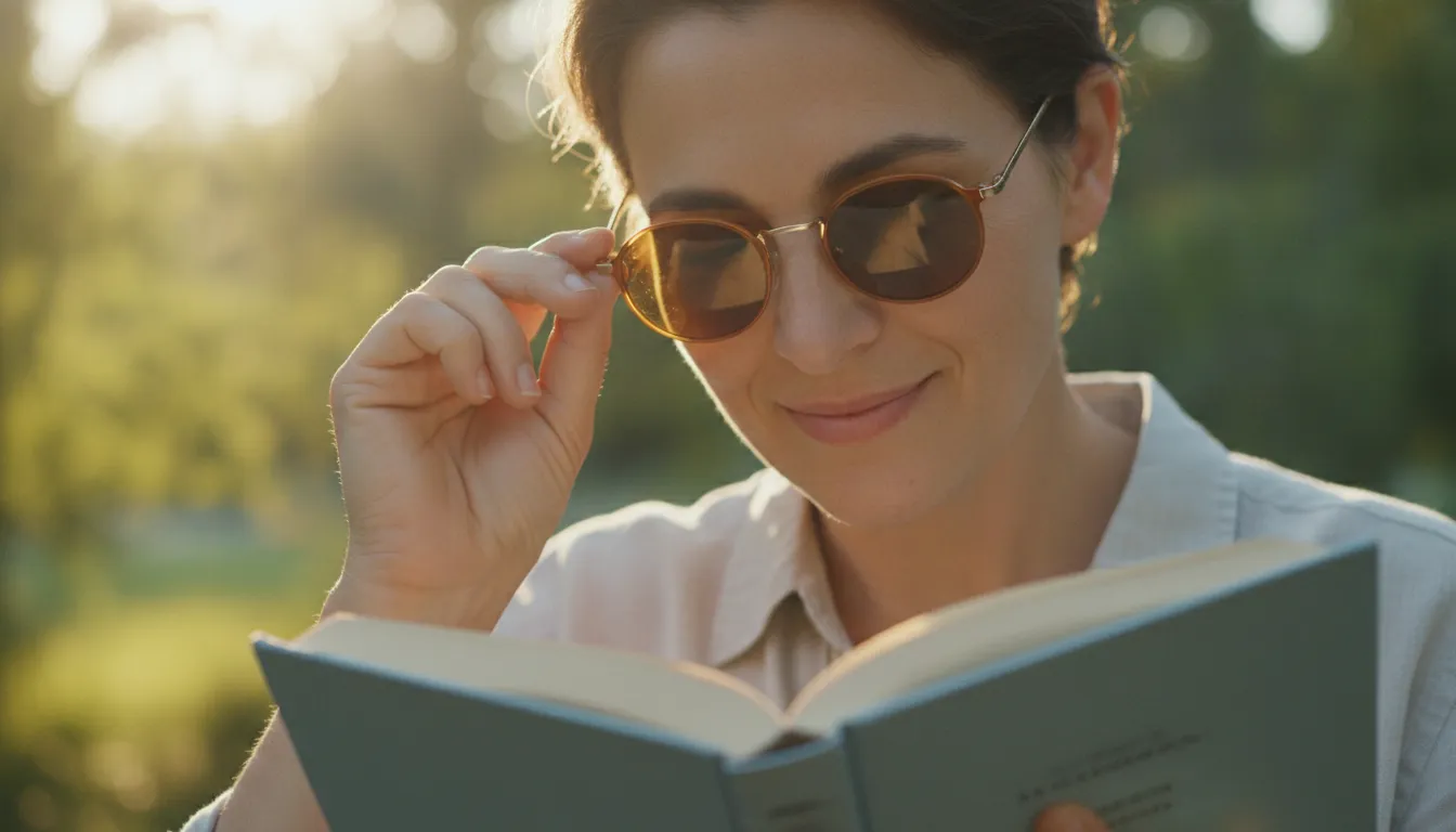 Person wearing reading sunglasses 3.5 outdoors in bright daylight