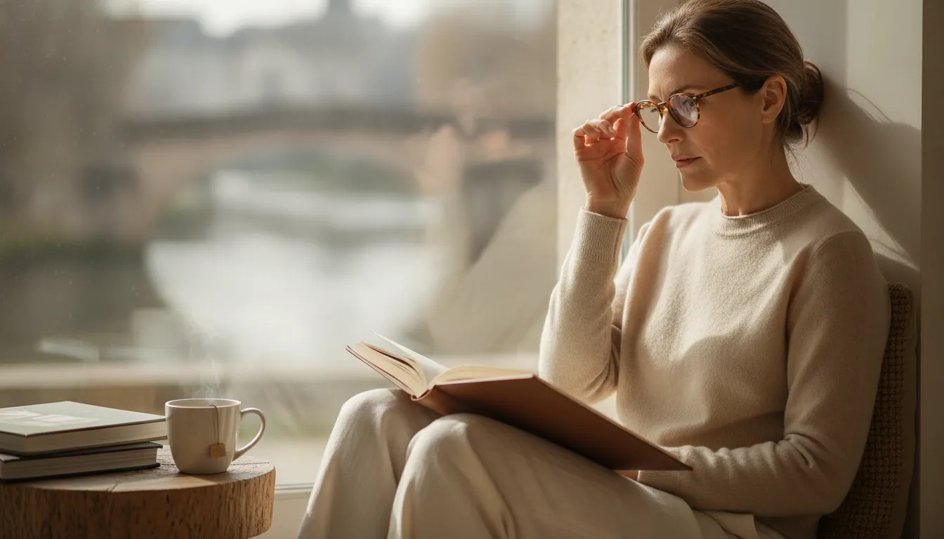 Woman wearing reading glasses at a desk with a book and laptop