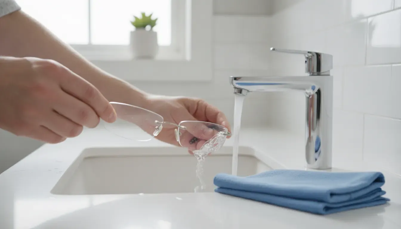 Hands rinsing glasses under lukewarm water before checking for scratches